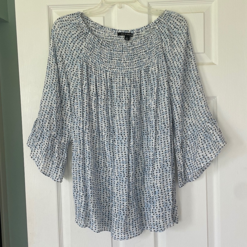 Blue and white smocked flowy top, size L